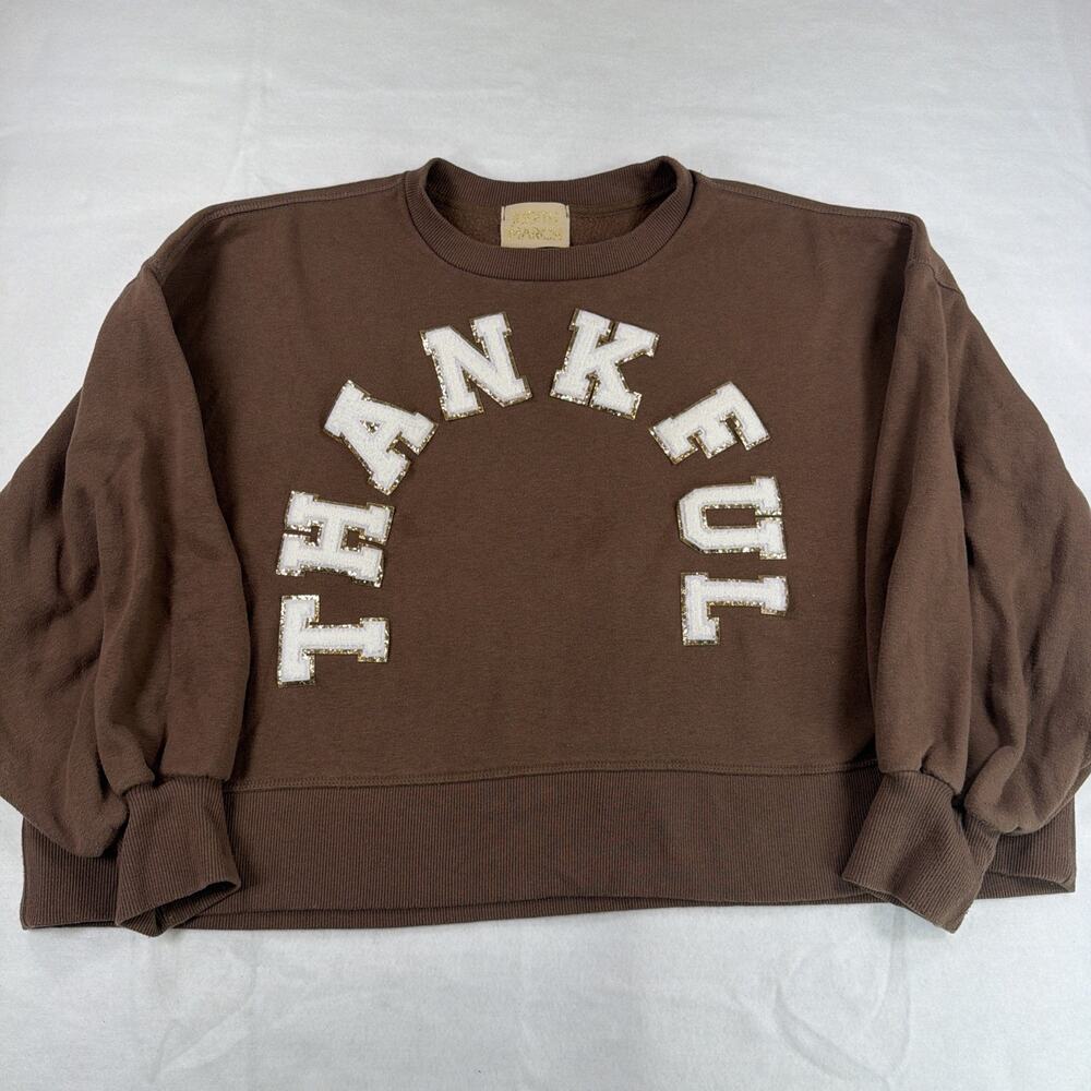 Judith March Brown Thankful Spellout Script Cropped Sweatshirt L Preppy